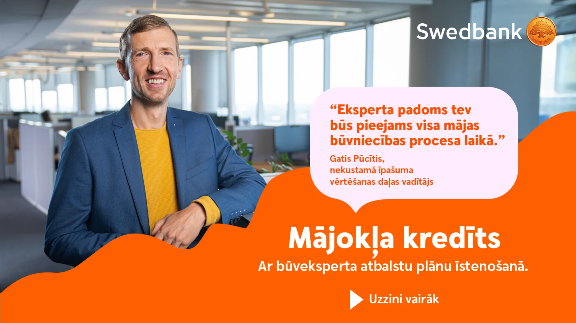 KL Portfolio — A smiling man in a blue blazer and yellow shirt stands in a bright office with large windows, leaning with arms crossed. A Swedbank logo appears in the corner beside a pink speech bubble with Latvian text and an orange graphic overlay.